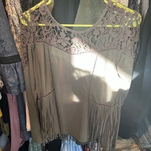 Suede fringe long sleeve top